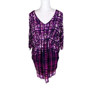 Anthropologie Maeve Dolman sleeve cocoon purple pink plaid mini dress pockets